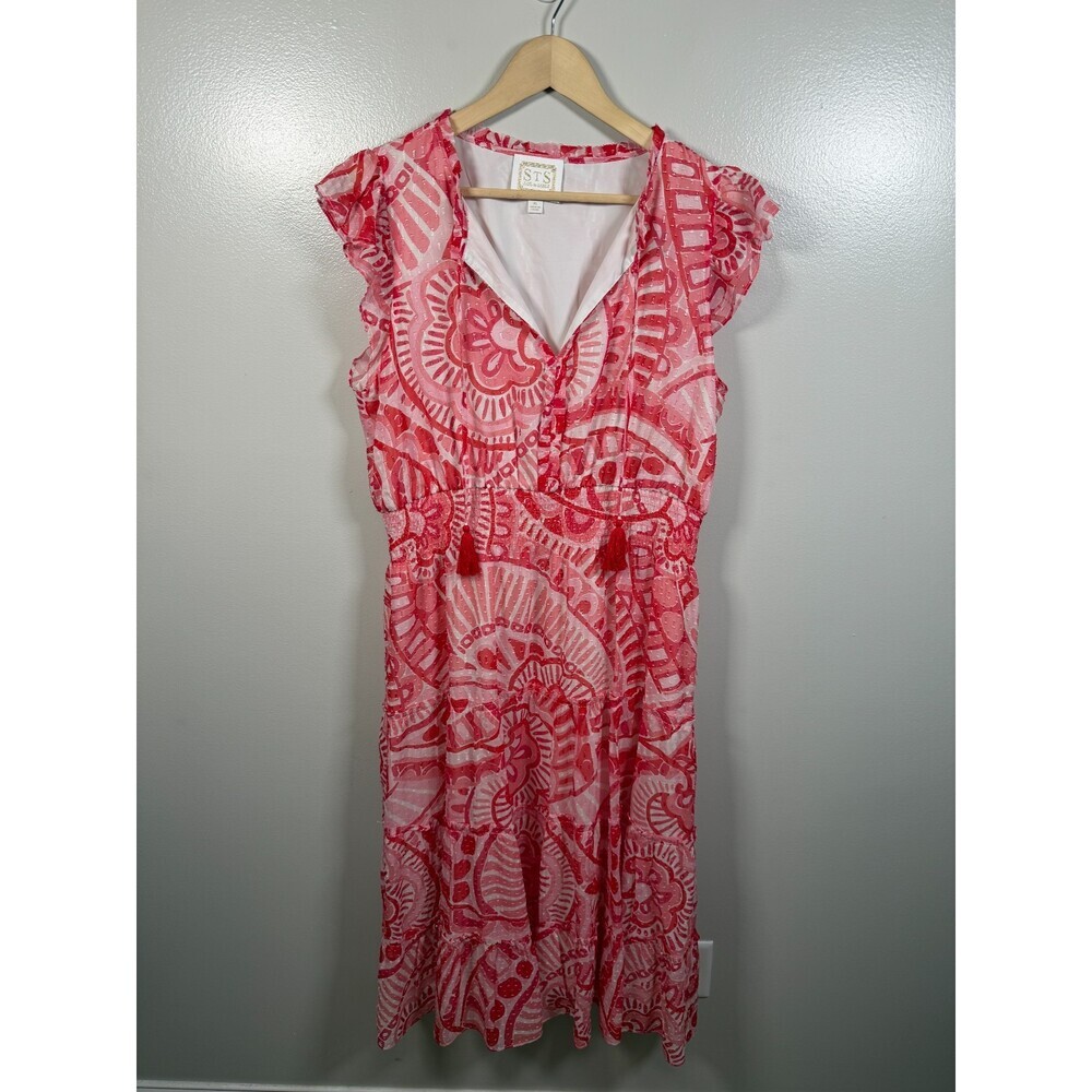 Sail To Sable Flutter Sleeve Midi Dress Size XL Pink Red Silk Blend Kaleidoscope
